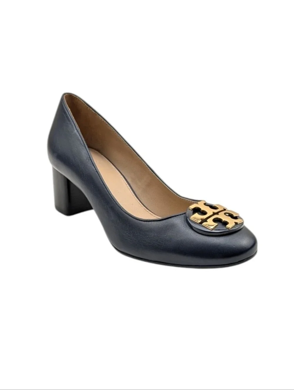 Tory Burch Janey Navy Leather Logo Block Heel Pumps Size 7 EUC $325 S4191